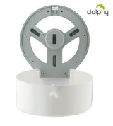 Dolphy white jumbo toilet roll dispenser opened, showing the grey back plate and spindle