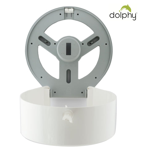 Dolphy white jumbo toilet roll dispenser opened, showing the grey back plate and spindle