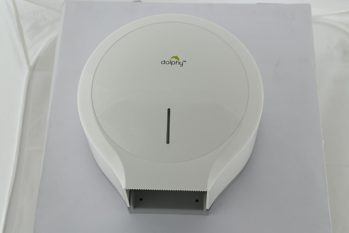 Dolphy white jumbo roll dispenser mounted on a wall, real photo