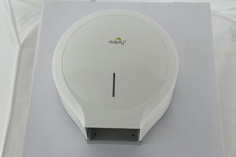Dolphy white jumbo roll dispenser mounted on a wall, real photo