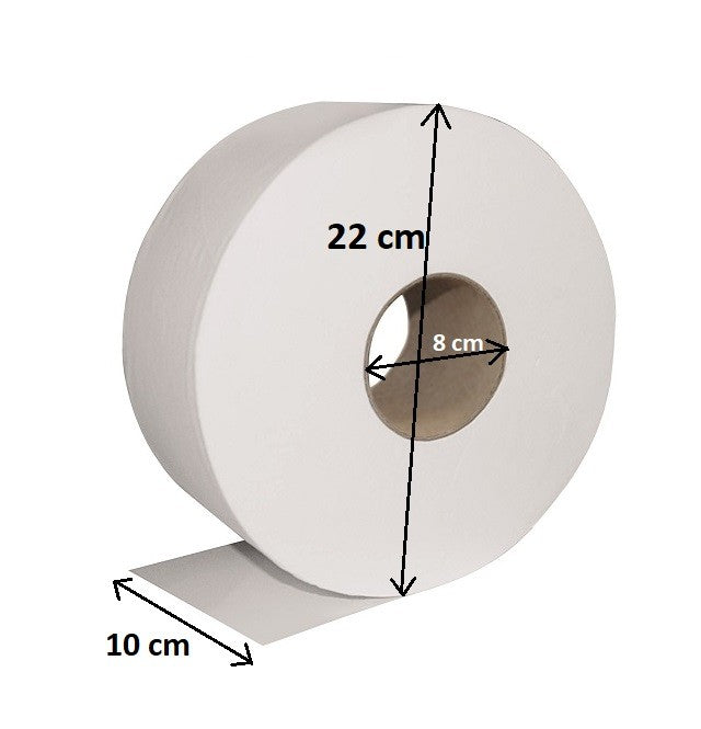 Suitable toilet roll for the Dolphy jumbo dispenser: up to 22 cm diameter, 10 cm wide, 8 cm core