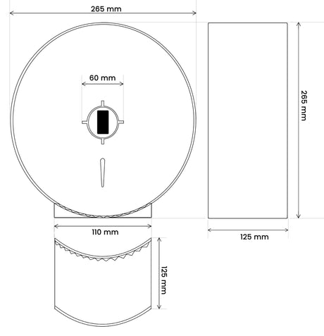 Dolphy stainless steel jumbo roll dispenser drawing: 265 mm diameter, 125 mm deep