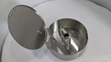Dolphy stainless steel jumbo roll dispenser with the cover open, showing the roll spindle