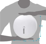 Dolphy white jumbo roll dispenser shown against a person for scale, about 29.8 cm across