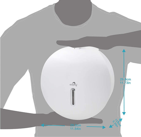 Dolphy white jumbo roll dispenser shown against a person for scale, about 29.8 cm across