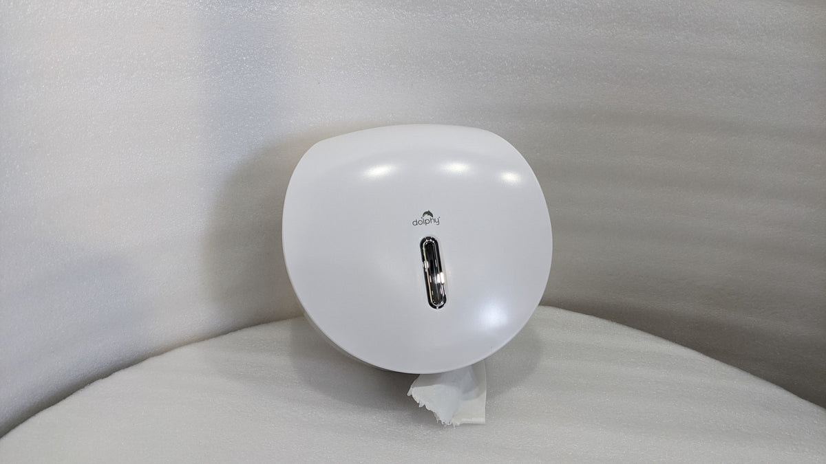 Dolphy white lockable jumbo toilet roll dispenser, front view with roll window