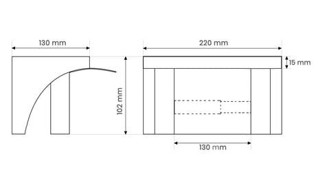 Dolphy toilet roll holder with shelf drawing: 220 mm wide shelf, 130 mm deep, 102 mm high