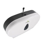 Dolphy white twin jumbo toilet roll dispenser, angled view showing the lock and key on top