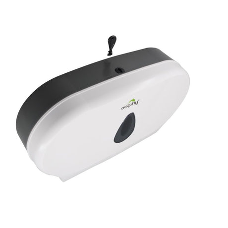 Dolphy white twin jumbo toilet roll dispenser, angled view showing the lock and key on top