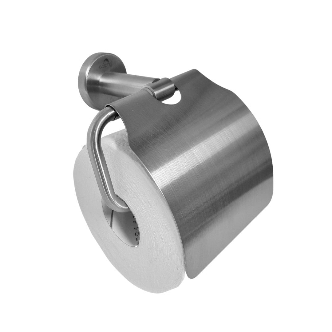 Dolphy brushed stainless steel toilet roll holder with cover, fitted with a roll