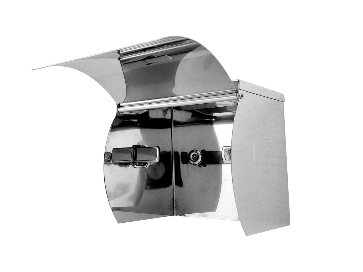 Dolphy stainless steel toilet roll holder with its cover opened, showing the roll spindle