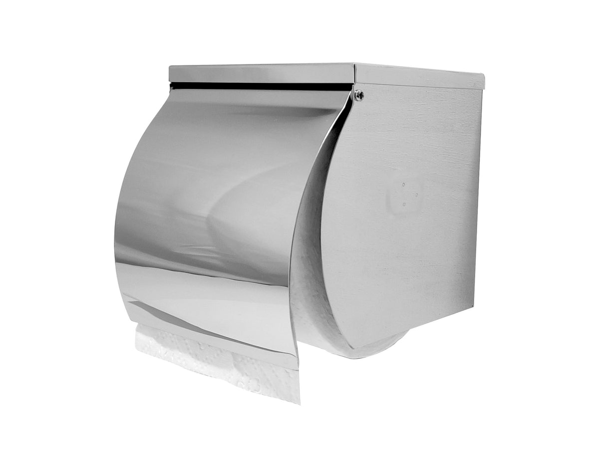 Dolphy stainless steel toilet roll holder, side angle with paper at the outlet
