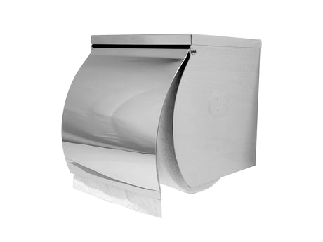 Dolphy stainless steel toilet roll holder, side angle with paper at the outlet
