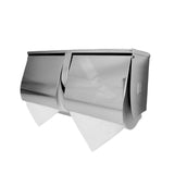 Dolphy stainless steel double toilet roll holder with shelf, angled view with two rolls