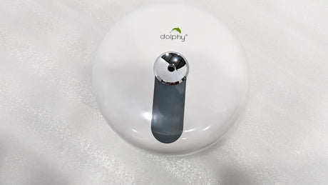 Dolphy white round centre-pull toilet paper dispenser, front view