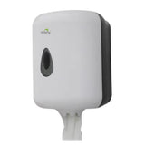 Dolphy white centre-pull toilet paper dispenser with paper at the outlet