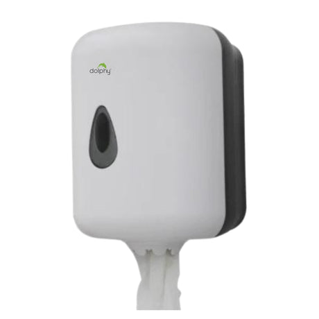 Dolphy white centre-pull toilet paper dispenser with paper at the outlet