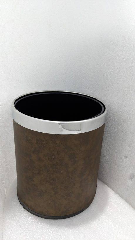 Dolphy brown leatherette 10L room bin with polished steel rim