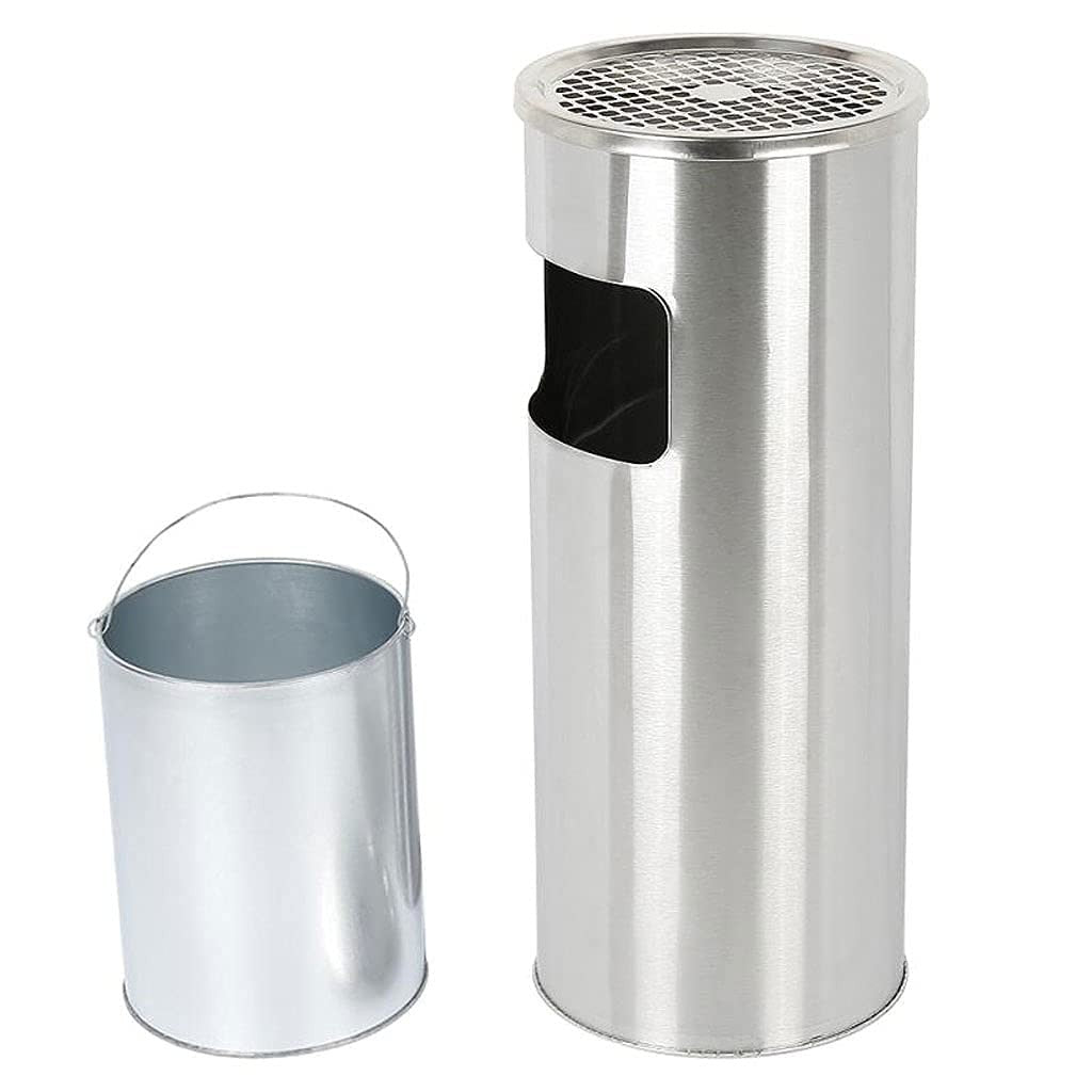 Dolphy stainless steel ashtray bin beside its removable galvanised inner bucket with carry handle