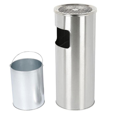 Dolphy stainless steel ashtray bin beside its removable galvanised inner bucket with carry handle