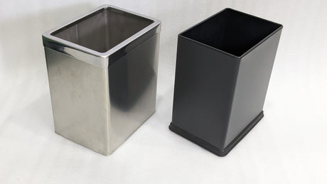 Dolphy 10L rectangular stainless steel bin beside its black removable inner bin