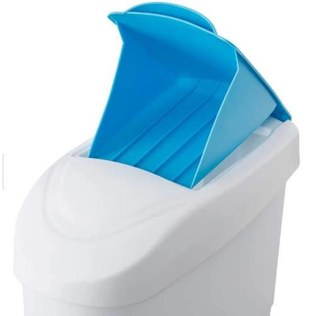 Dolphy 18L sanitary bin with the blue lid flap open, close-up