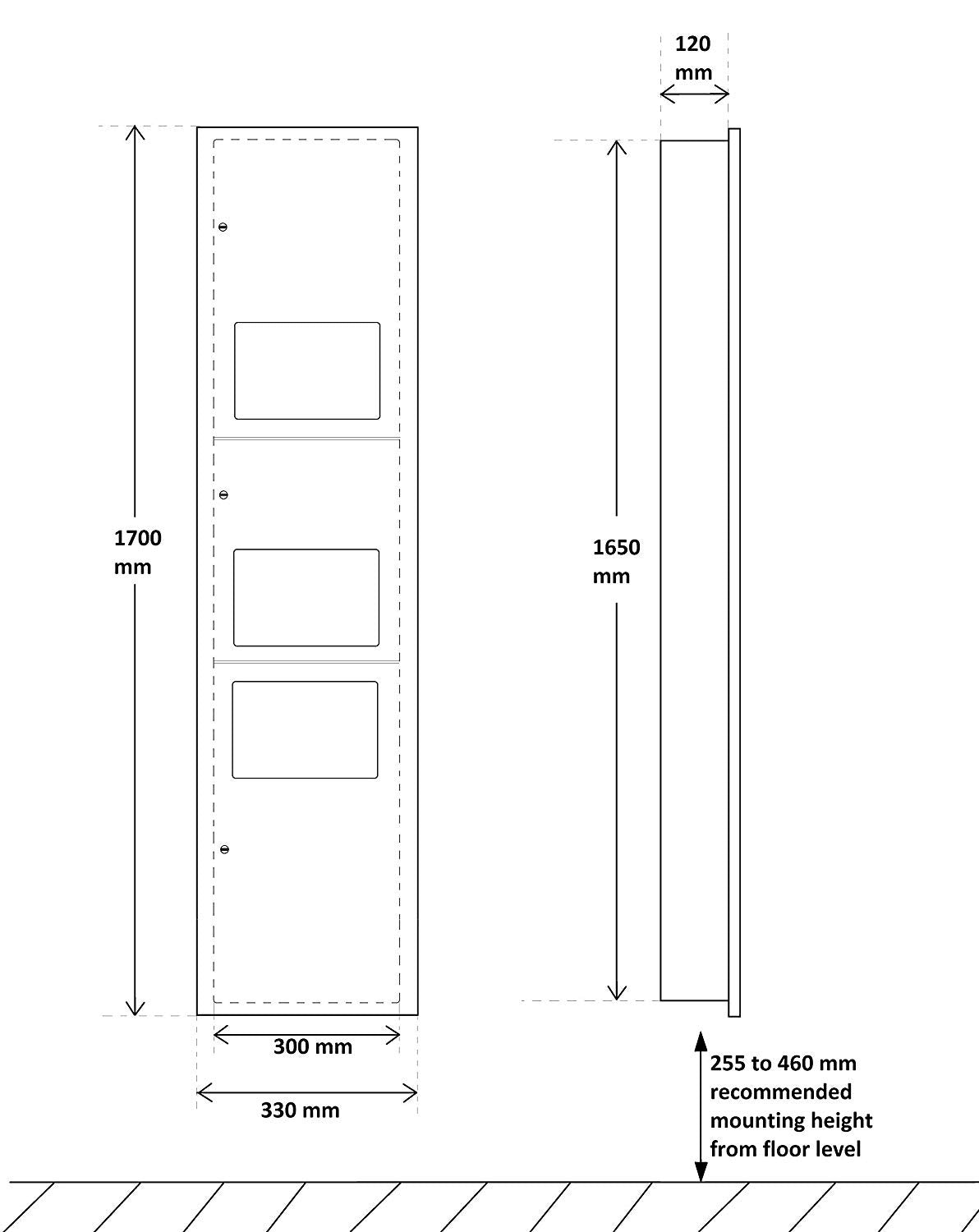 Dolphy 3-in-1 recessed washroom panel drawing: 1700 mm high, 330 mm wide, 120 mm deep, mounting height 255-460 mm