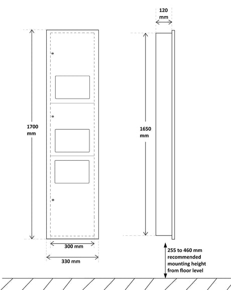 Dolphy 3-in-1 recessed washroom panel drawing: 1700 mm high, 330 mm wide, 120 mm deep, mounting height 255-460 mm