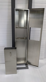 Dolphy recessed panel with the door open, showing the towel shelf and removable waste bin