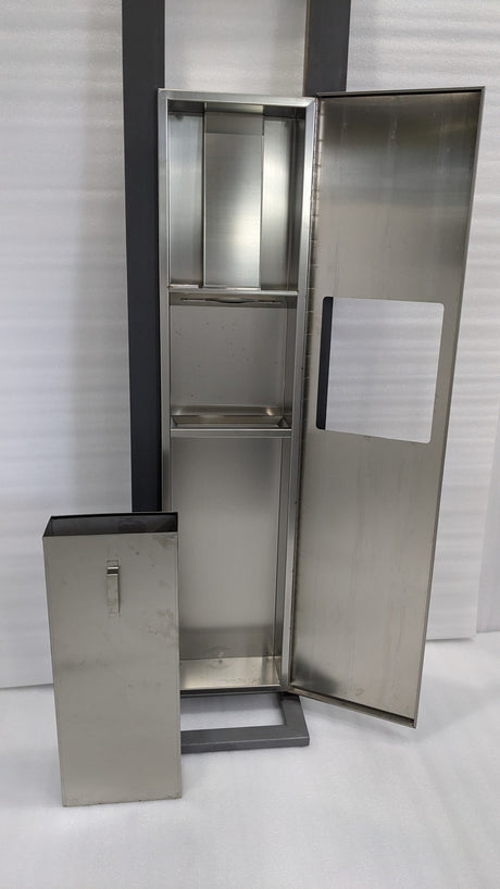 Dolphy recessed panel with the door open, showing the towel shelf and removable waste bin