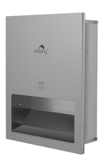 Dolphy recessed stainless steel hand dryer, angled view showing the recess box