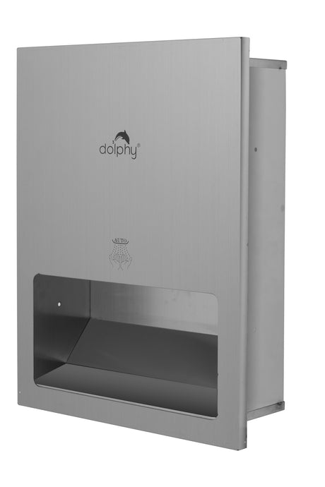Dolphy recessed stainless steel hand dryer, angled view showing the recess box