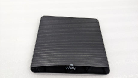 Dolphy black glass digital bathroom scale with textured top and Dolphy logo