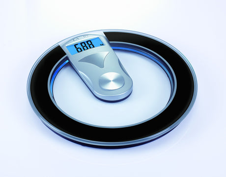 Dolphy round tempered glass digital scale with blue backlit display