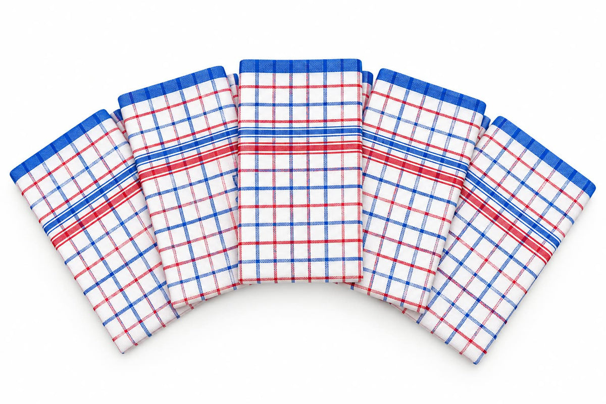 Dolphy Linen blue and red check cotton tea towels, fanned out