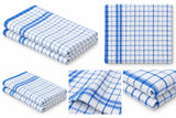 Dolphy Linen blue check cotton tea towels, folded, with weave close-ups