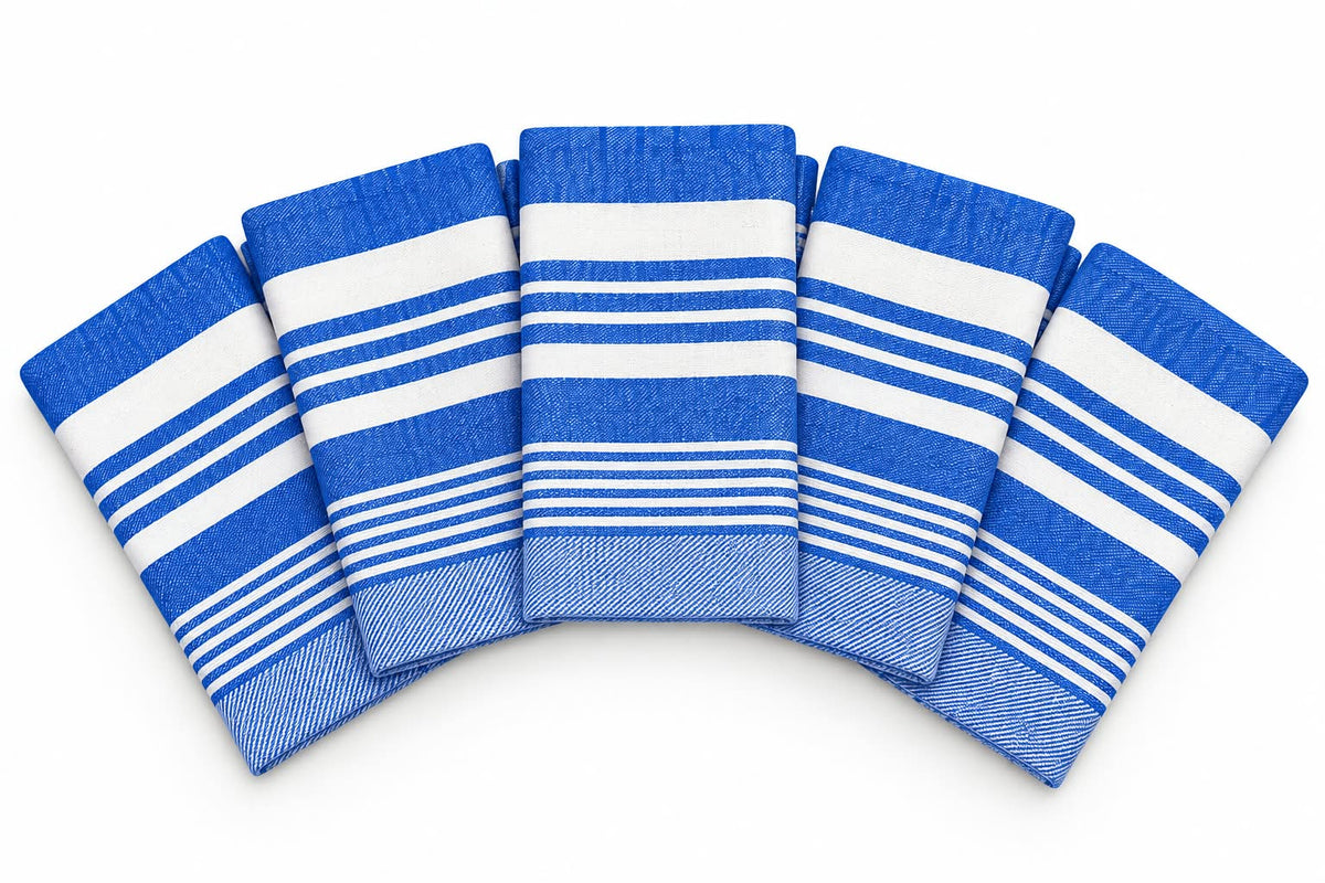 Dolphy Linen blue stripe cotton tea towels, fanned out