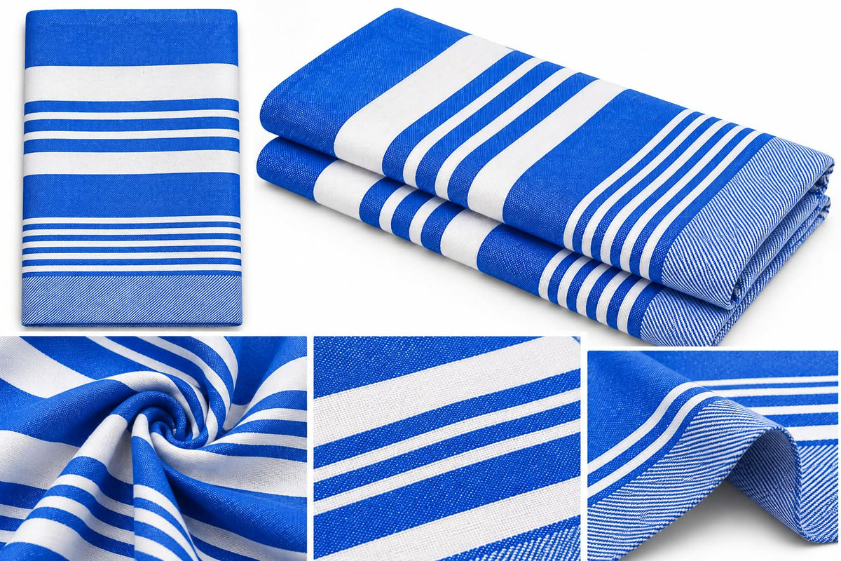 Dolphy Linen blue stripe cotton tea towels, folded, with fabric close-ups