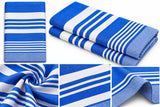 Dolphy Linen blue stripe cotton tea towels, folded, with fabric close-ups