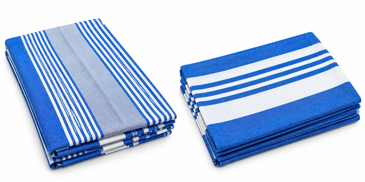 Dolphy Linen blue stripe cotton tea towels, two folded stacks