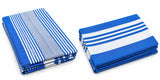 Dolphy Linen blue stripe cotton tea towels, two folded stacks