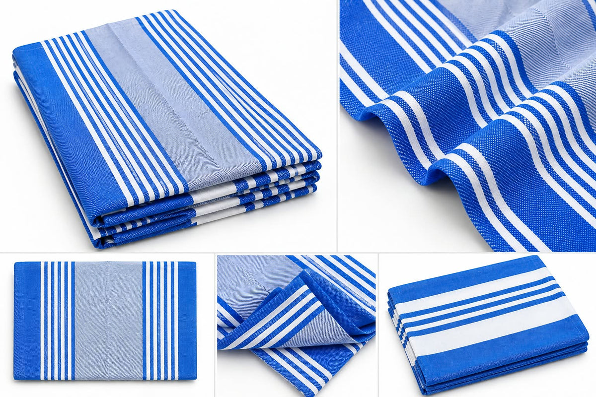 Dolphy Linen blue stripe cotton tea towels, folded, with weave close-ups