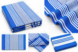 Dolphy Linen blue stripe cotton tea towels, folded, with weave close-ups