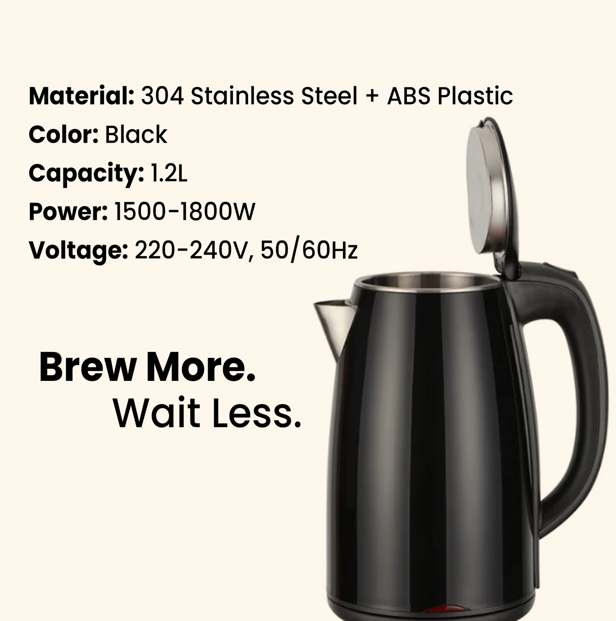 Dolphy 1.2L Electric Kettle – Quick Boil Cordless Kettle in Black, 1500–1800W, Stainless Steel & ABS for Kitchen, Hotel & Office Use