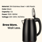Dolphy 1.2L Electric Kettle – Quick Boil Cordless Kettle in Black, 1500–1800W, Stainless Steel & ABS for Kitchen, Hotel & Office Use