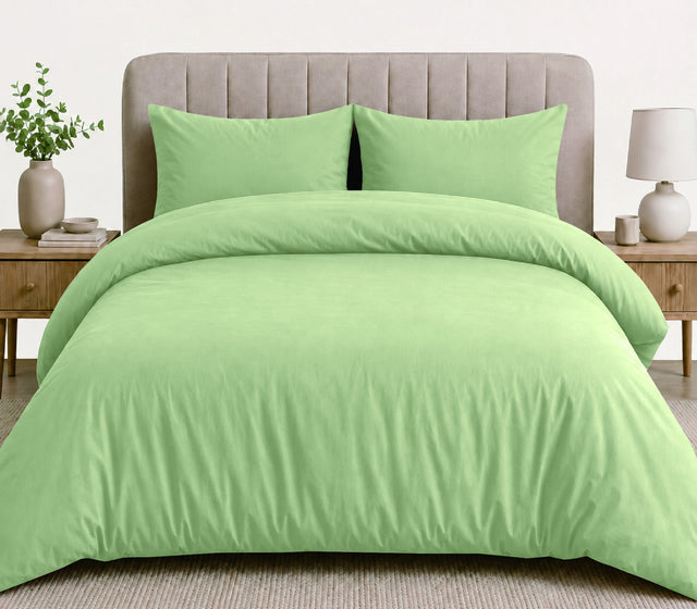 LinenCart green brushed microfibre quilt cover set on a made bed