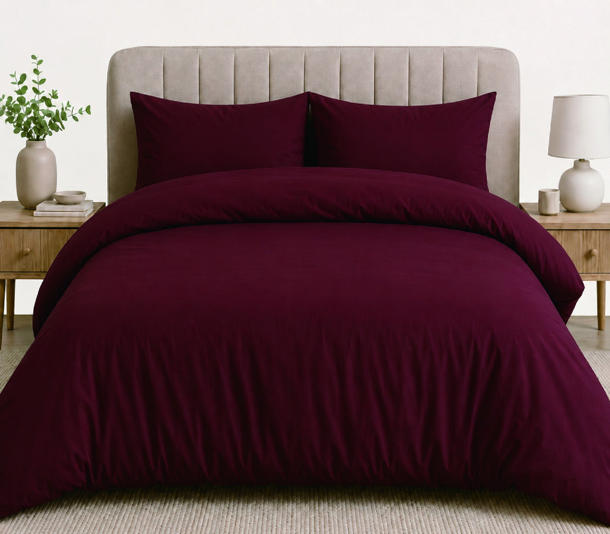 LinenCart maroon brushed microfibre quilt cover set on a made bed