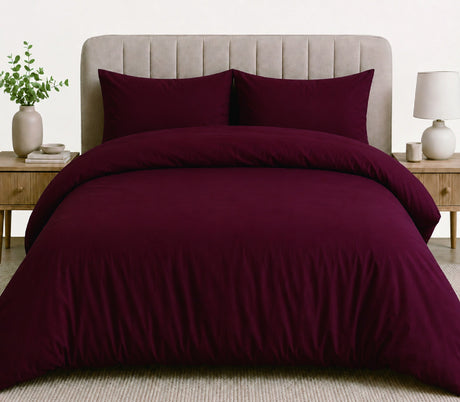 LinenCart maroon brushed microfibre quilt cover set on a made bed