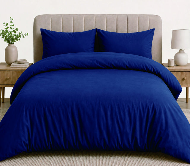 LinenCart navy brushed microfibre quilt cover set on a made bed