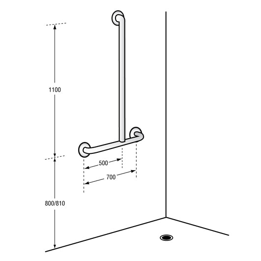 Dolphy Offset Flush Mount Shower Grab Rail RH 1100x700mm – Stainless Steel Bathroom Safety Support Bar – Silver
